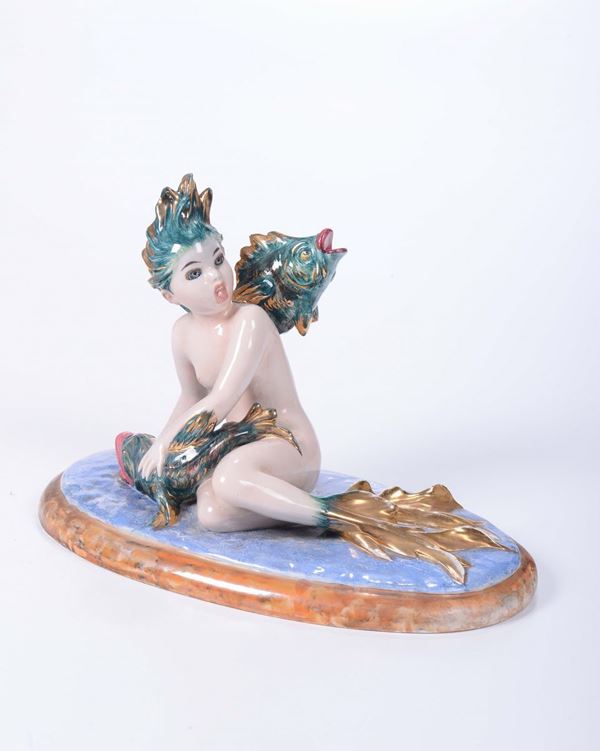 Sirena con pesce in ceramica, Manifattura italiana del XX secolo