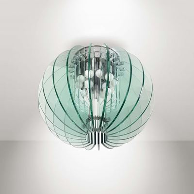 Lampada a Plafone con Elementi in Cristallo Molato e Struttura in Metallo Cromato.
