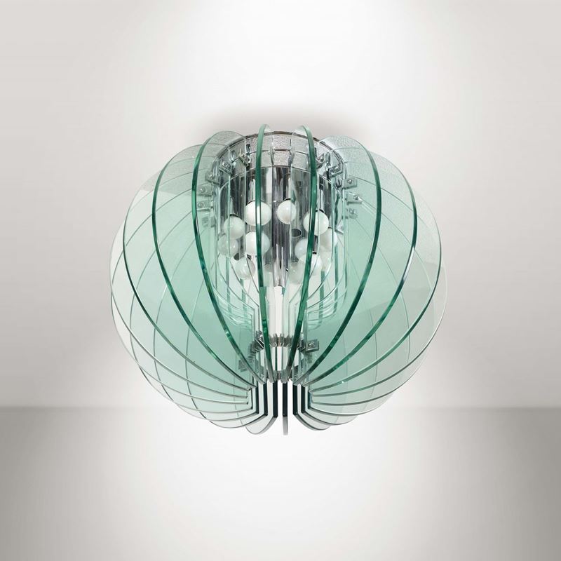 Lampada a plafone con elementi in cristallo molato e struttura in metallo cromato.  - Auction Design - Cambi Casa d'Aste