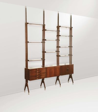 Libreria in Legno di Palissandro con Dettagli in Ottone e Metallo Verniciato.