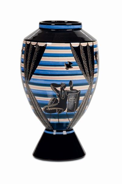 Rometti, Vaso troncoconico in maiolica con decoro policromo e figure classiche