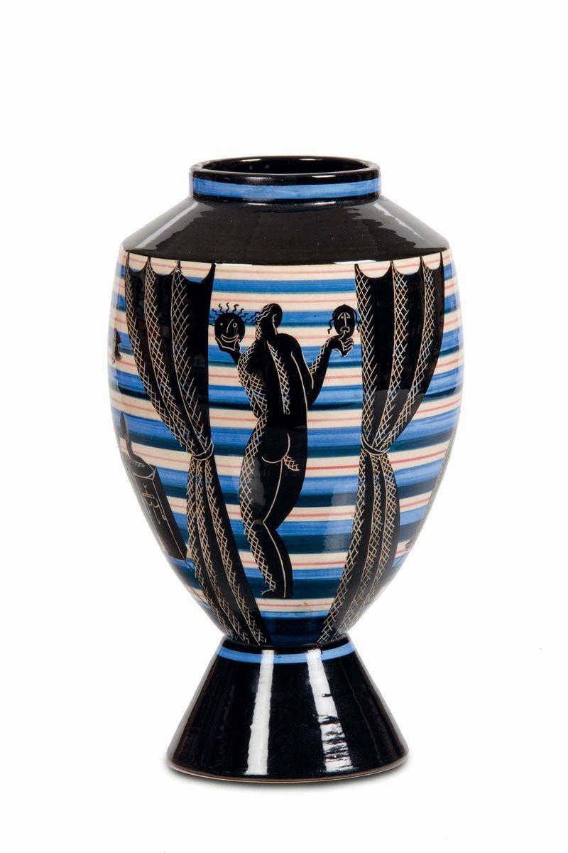 Rometti, Vaso troncoconico in maiolica con decoro policromo e figure classiche