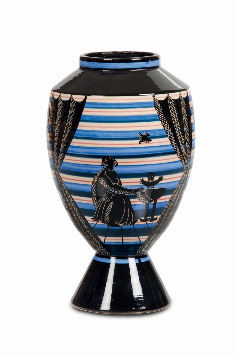 Rometti, Vaso troncoconico in maiolica con decoro policromo e figure classiche