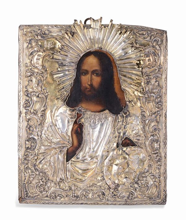 A silver-gilt riza icon with the Cosmocrator, Saint Petersburg, 1815