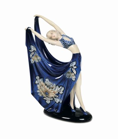 Goldscheider, Vienna, Ballerina in terraglia modellata a colaggio policroma