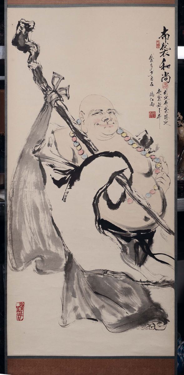 A painting on paper depicting a figue of Budai with stick and inscription, China, Qing Dynasty, 19th century