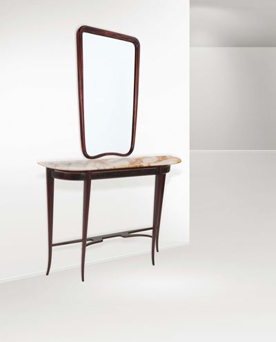 Consolle in Legno con Piano in Marmo e Specchiera.
