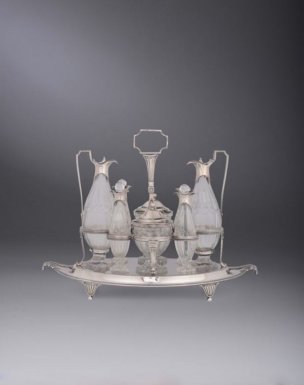 An important silver and glass oil cruet set, maker Paul Storr, 1799.