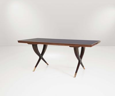 Tavolo in Legno con Puntali in Ottone e Piano in Vetro.