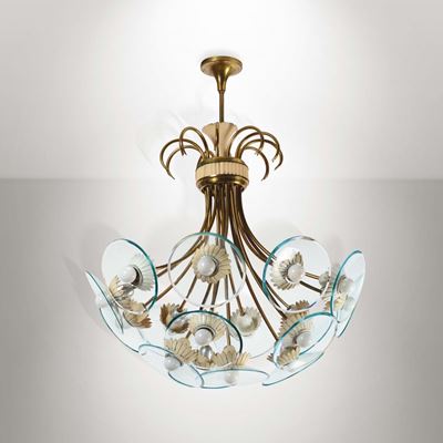 Lampada a Sospensione in Ottone Lucido e Metallo Laccato con Diffusori in Vetro Curvato e Molato.