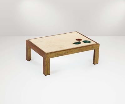 Tavolo Basso con Struttura in Ottone, Piano in Travertino e Inserti in Pietre Dure.