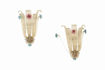 Coppia di Appliques in Vetro di Murano Colorato. Prod. Italia, 1950 Ca.