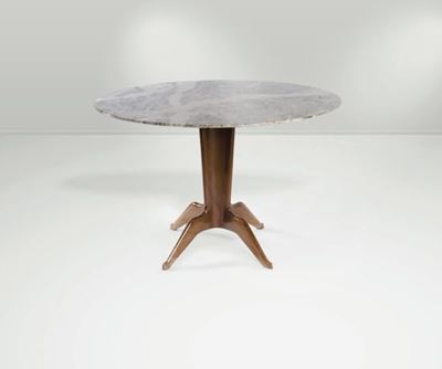 Tavolo Circolare con Sostegno in Legno Lucido e Piano in Marmo.