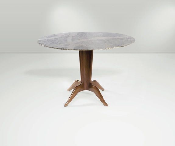 Tavolo circolare con sostegno in legno lucido e piano in marmo.