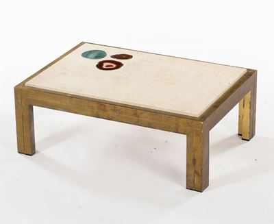 Tavolo Basso con Struttura in Ottone, Piano in Travertino e Inserti in Pietre Dure.