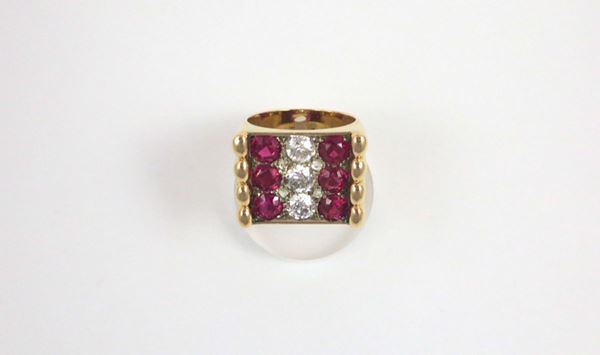 Old-cut diamond and red synthetic stones ring