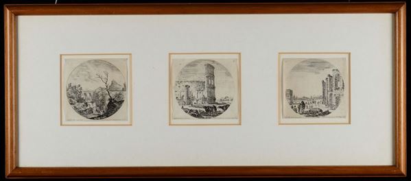 Serie di dodici stampe raffiguranti paesaggi, rovine ed architetture, XIX secolo