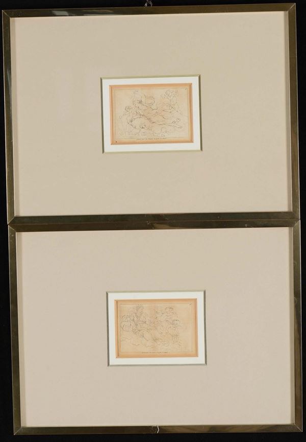 Lotto di due incisioni raffiguranti scene mitologiche, XIX secolo