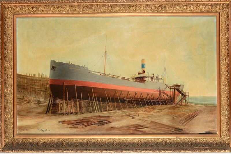 Henry Markò (1855-1921) Ritratto di nave in cantiere  - Asta Arte Marinara e Strumenti Scientifici - Cambi Casa d'Aste
