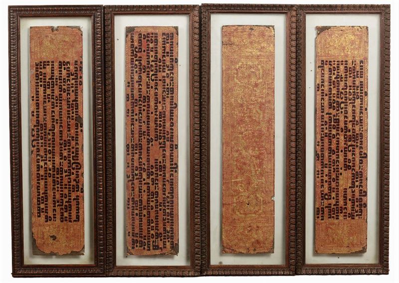 Quattro pagine di preghiere incorniciate, Isola di Giava, XVIII secolo  - Asta Fine Chinese Works of Art - Cambi Casa d'Aste