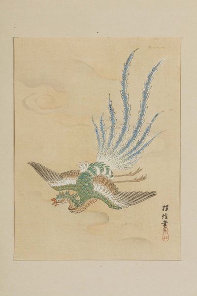 Nove Tavole di Dipinti su Carta Raffiguranti Personaggi con Iscrizioni e Fenice, Cina, XIX/XX Sec...