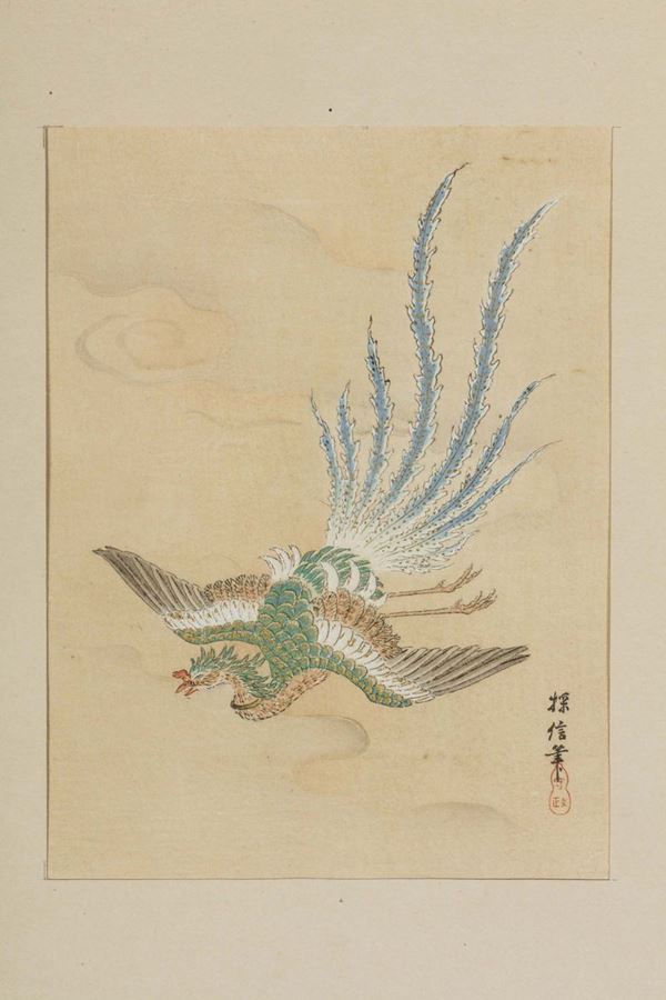 Nove tavole di dipinti su carta raffiguranti personaggi con iscrizioni e fenice, Cina, XIX/XX secolo