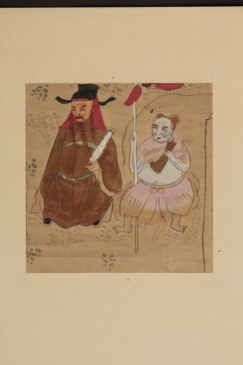 Nove Tavole di Dipinti su Carta Raffiguranti Personaggi con Iscrizioni e Fenice, Cina, XIX/XX Sec...