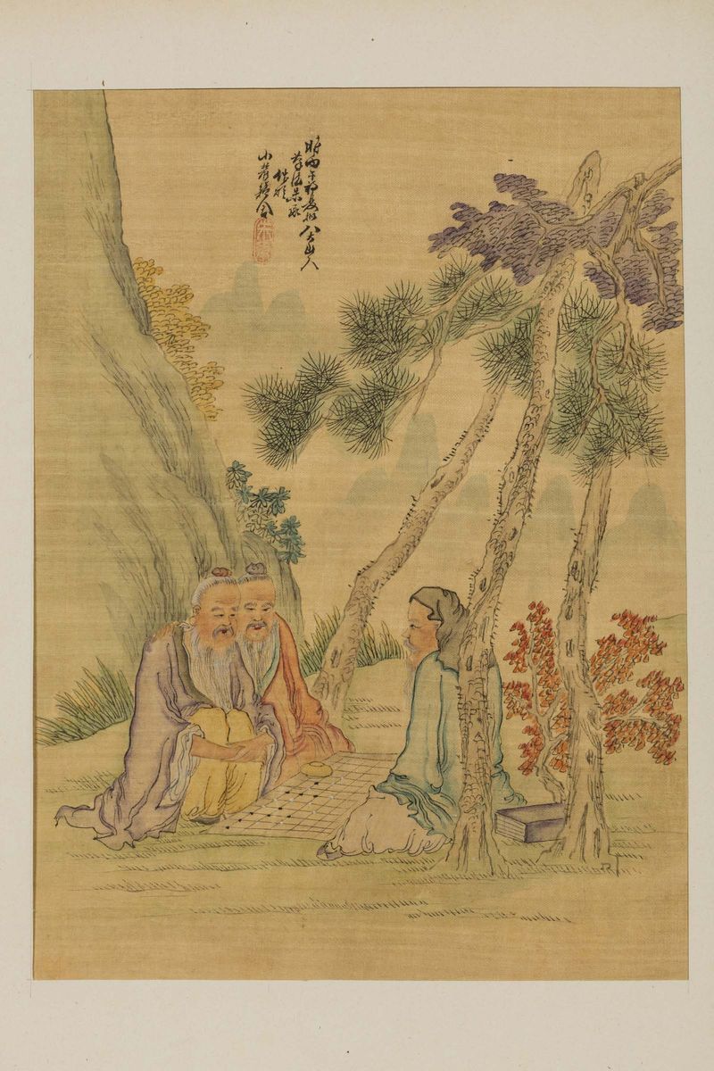 Nove Tavole di Dipinti su Carta Raffiguranti Personaggi con Iscrizioni e Fenice, Cina, XIX/XX Sec...
