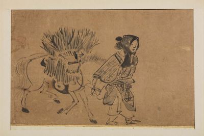 Dipinto su Carta Raffigurante Contadina con Cavallo, Cina, XX Secolo