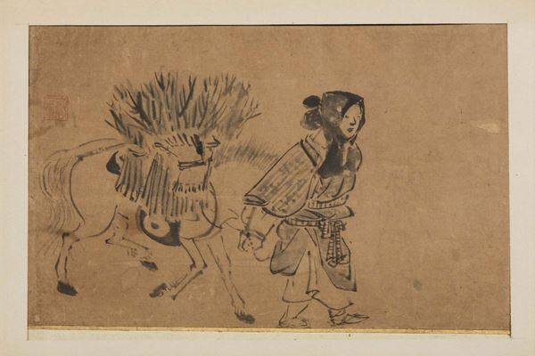 Dipinto su carta raffigurante contadina con cavallo, Cina, XX secolo