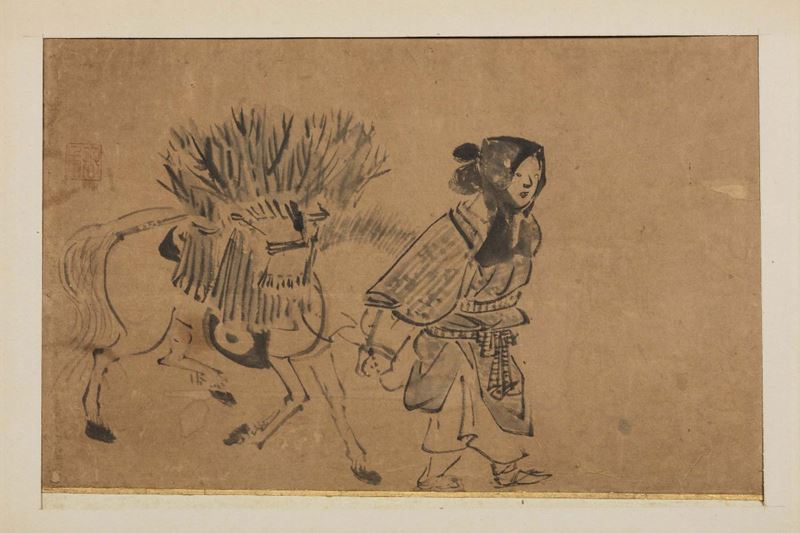 Dipinto su carta raffigurante contadina con cavallo, Cina, XX secolo  - Asta Antiquariato - Cambi Casa d'Aste