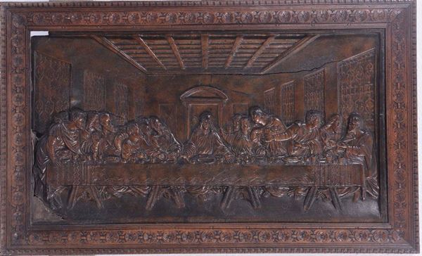 Altorilievo in legno scolpito raffigurante Ultima cena, arte barocca del XVII-XVIII secolo