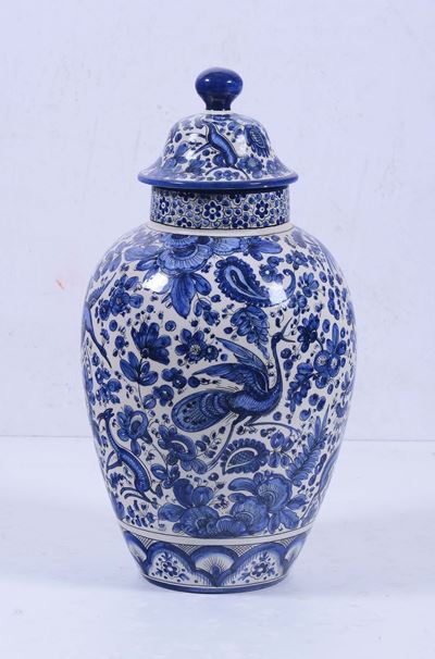 Potiche con Coperchio in Ceramica a Decoro Bianco Blu