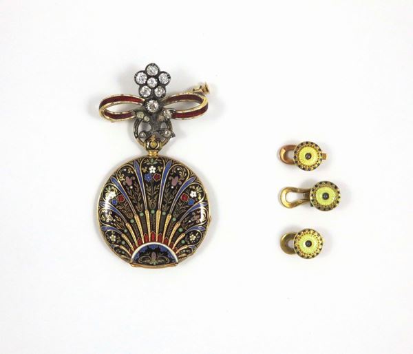 Enamel pcket watch and three studs