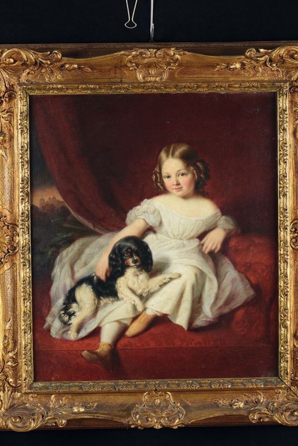 Scuola del XIX secolo Bambina con cagnolino