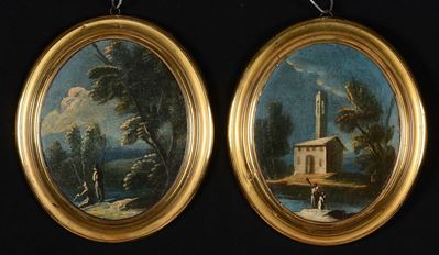 Scuola del XVIII Secolocoppia di Paesaggi con Figure in Riva al Fiume