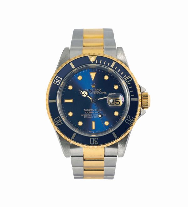 ROLEX, Oyster Perpetual Date, Submariner, 1000 ft / 330 m, Superlative Chronometer Officially Certified, case No. L879770, Ref.16613, stainless steel and gold, self-winding, water resistant wristwatch with date and a stainless steel and gold Rolex Oyster bracelet with original deployant clasp. Made circa 1990