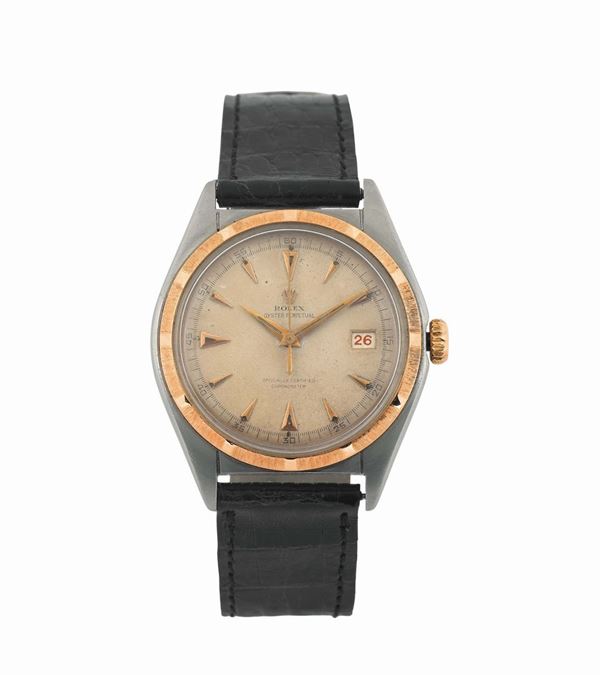 ROLEX, Oyster Perpetual Officially Certified Chronometer , cassa No. 614032, Ref 6031, orologio da polso, in acciaio, lunetta in oro, automatico, con fibbia originale Rolex in acciaio. Realizzato circa nel 1960