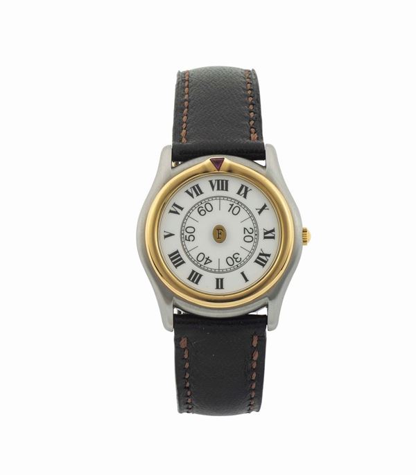 FARAONE, Milano, Jumping Hour, case No. B001066S, stainless steel and gold, self-winding with an 18K original buckle. Made circa 1990. Accompanied by the original box