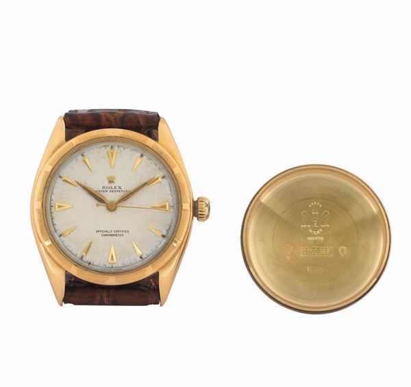 Rolex, “Oyster Perpetual, Officially Certified Chronometer”, case No. 730549, Ref. 6085, fine, tonneau-shaped, center-seconds, self-winding, water-resistant, 18K yellow gold wristwatch. Made circa 1960