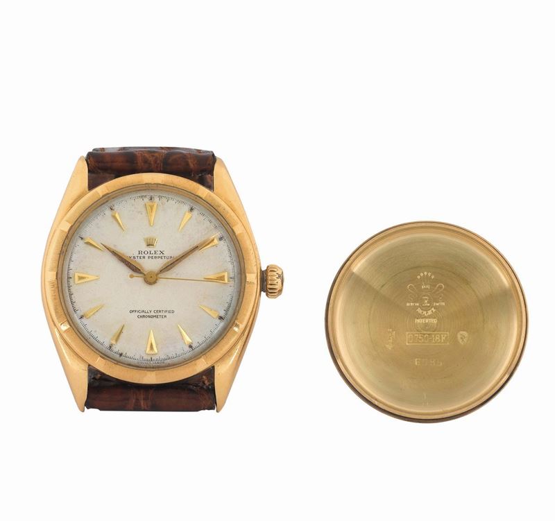 Rolex, “Oyster Perpetual, Officially Certified Chronometer”, case No. 730549, Ref. 6085, fine, tonneau-shaped, center-seconds, self-winding, water-resistant, 18K yellow gold wristwatch. Made circa 1960  - Auction Watches and Pocket Watches - Cambi Casa d'Aste