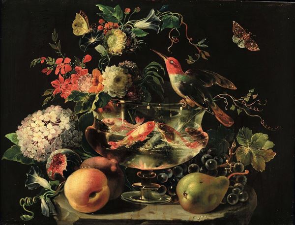Johann Winck (Eichstatt 1748 - Monaco 1817) Natura morta con coppa di pesci, fiori e frutta