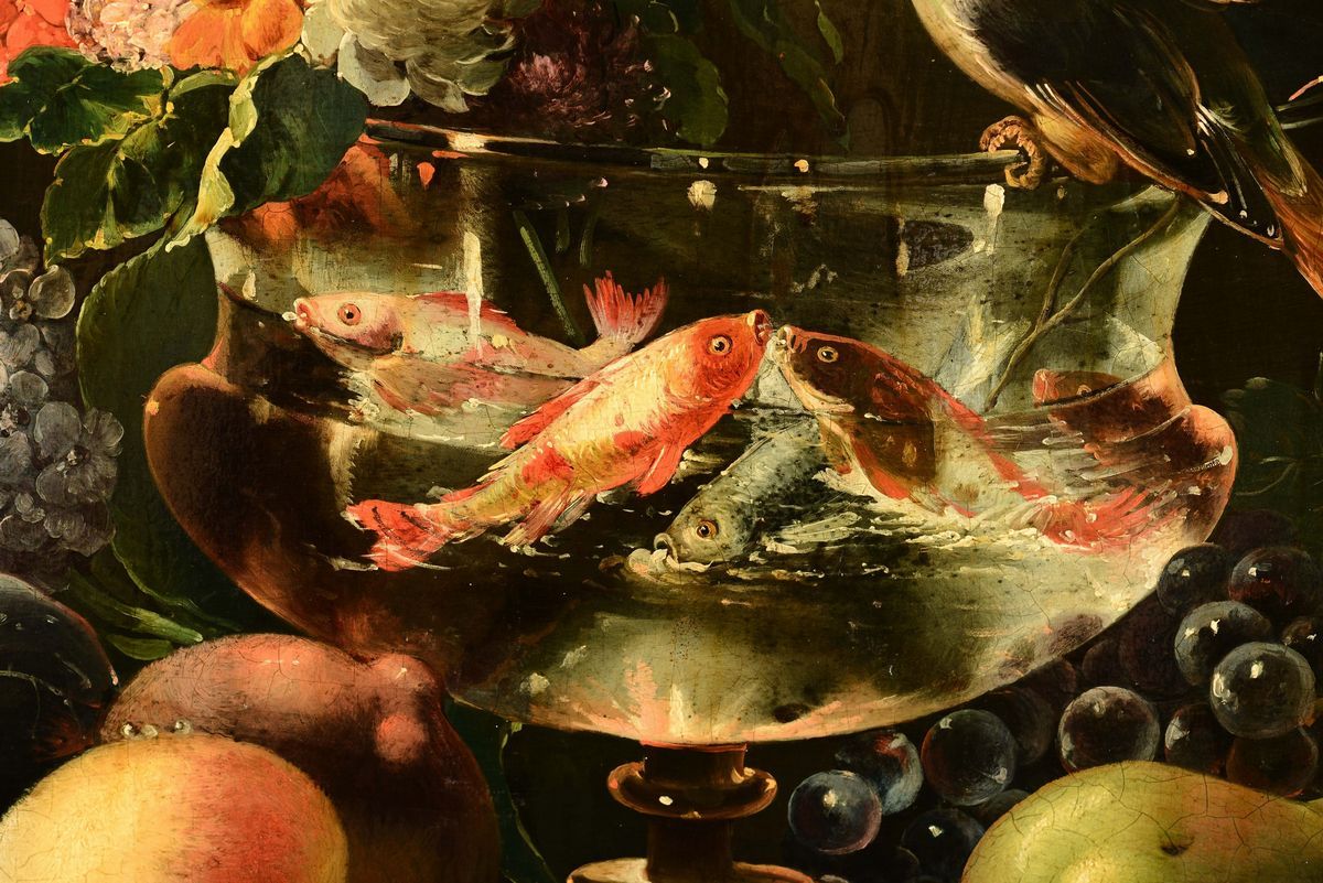 Johann Winck (eichstatt 1748 - Monaco 1817)natura Morta con Coppa di Pesci e Fiori e Frutta