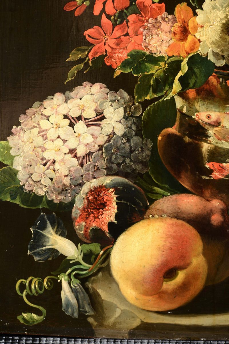Johann Winck (eichstatt 1748 - Monaco 1817)natura Morta con Coppa di Pesci e Fiori e Frutta
