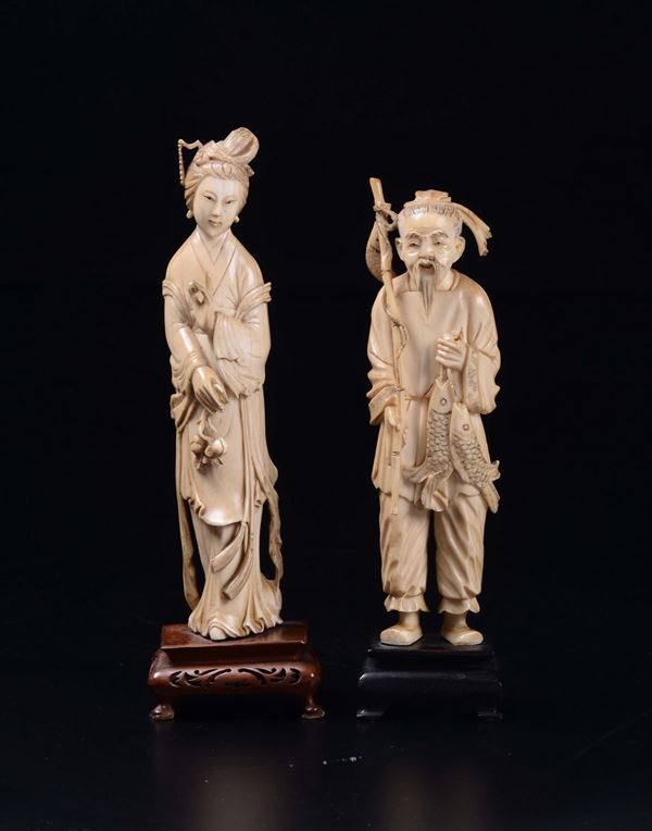 Two carved ivory figures, a Guanyin and a fisherman, China, early 20th century