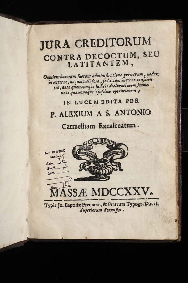 P.Alexium a S.Antonio Jura creditorum contra decoctum,seu latitantem..Massae,Jo.Baptistae Frediani,1725