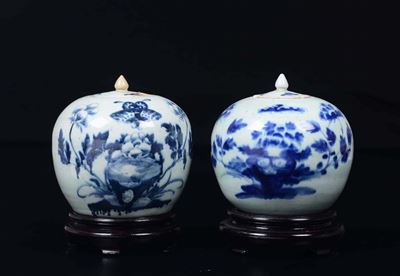 Coppia di Poriches in Porcellana Bianca e Blu a Decoro Naturalistico, Cina, Dinastia Qing, XIX Se...
