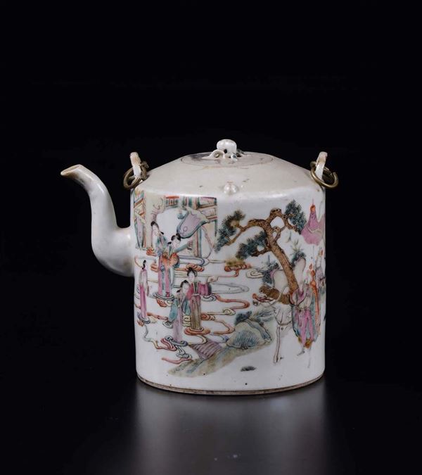 A polychrome enamelled porcelain teapot with figures, China, Qing Dynasty, late 19th century