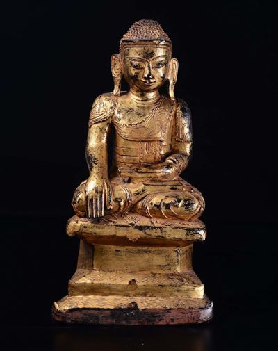 Figura di Buddha in Legno Dorato, Thailandia, Inizio XX Secolo
