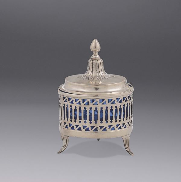 A silver sugar bowl and coloured glass. Naples, early 19th century. A worn mark of the merchandise and maker's mark FSS (unidentified).